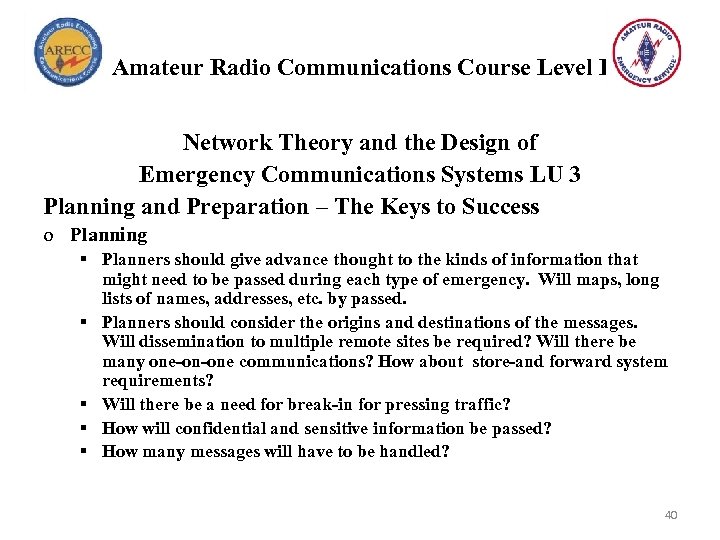 Amateur Radio Communications Course Level I Network Theory and the Design of Emergency Communications