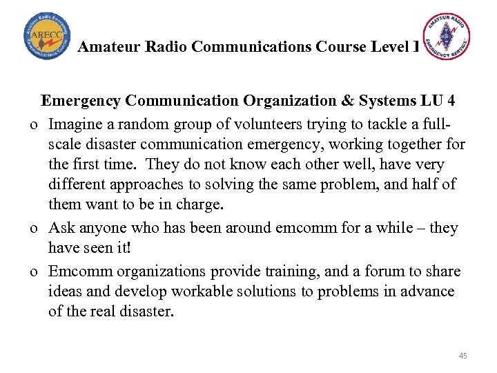 Amateur Radio Communications Course Level I Emergency Communication Organization & Systems LU 4 o