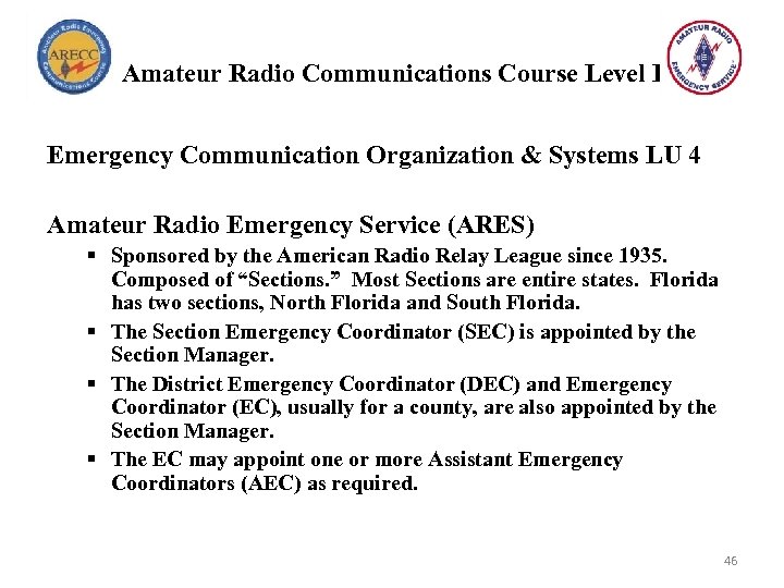 Amateur Radio Communications Course Level I Emergency Communication Organization & Systems LU 4 Amateur