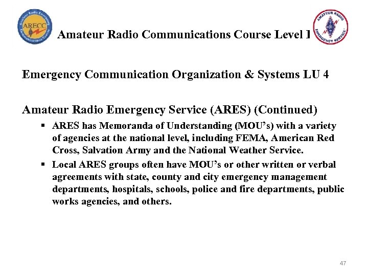 Amateur Radio Communications Course Level I Emergency Communication Organization & Systems LU 4 Amateur