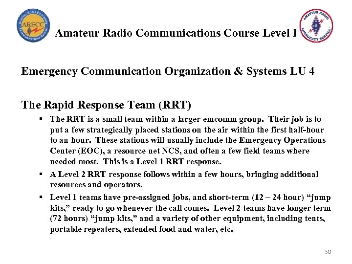 Amateur Radio Communications Course Level I Emergency Communication Organization & Systems LU 4 The