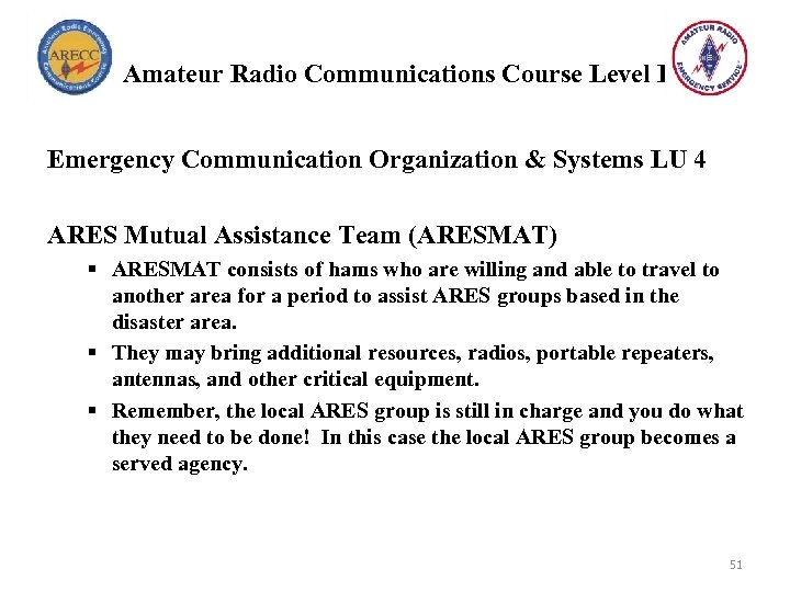 Amateur Radio Communications Course Level I Emergency Communication Organization & Systems LU 4 ARES