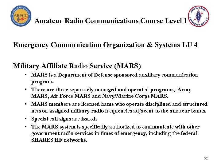 Amateur Radio Communications Course Level I Emergency Communication Organization & Systems LU 4 Military