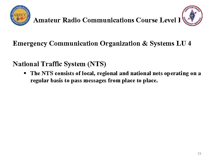 Amateur Radio Communications Course Level I Emergency Communication Organization & Systems LU 4 National