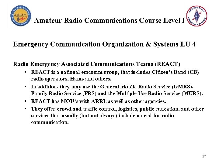 Amateur Radio Communications Course Level I Emergency Communication Organization & Systems LU 4 Radio