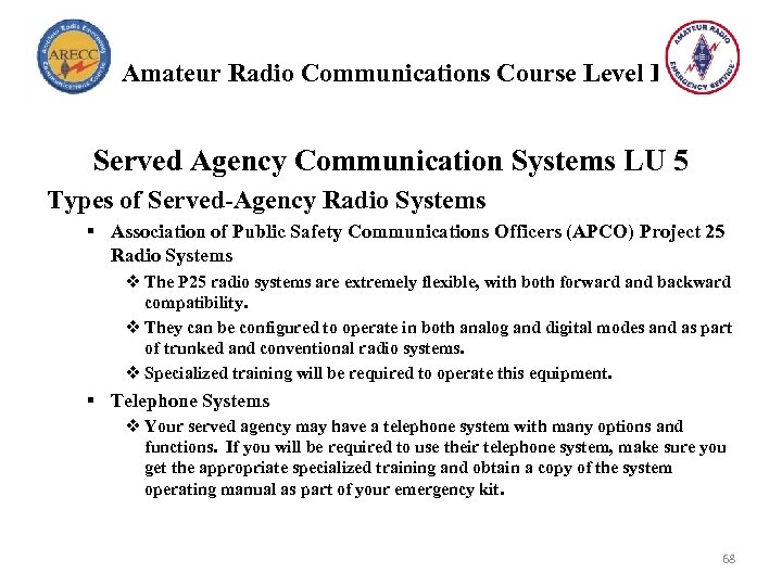 Amateur Radio Communications Course Level I Served Agency Communication Systems LU 5 Types of