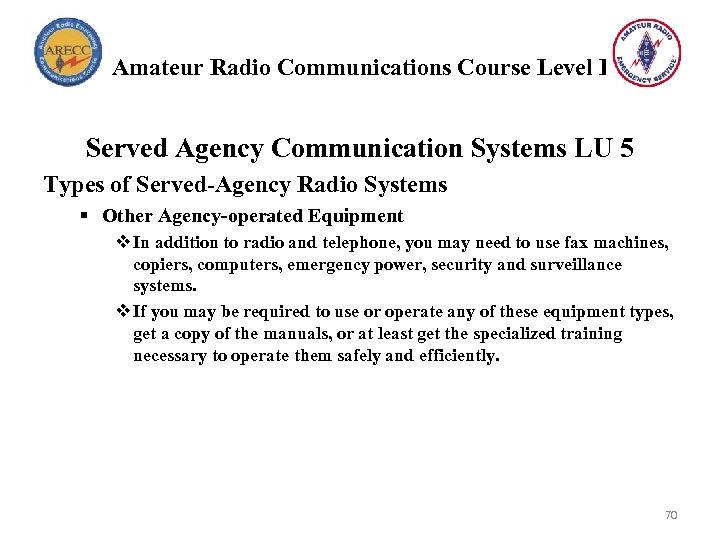 Amateur Radio Communications Course Level I Served Agency Communication Systems LU 5 Types of