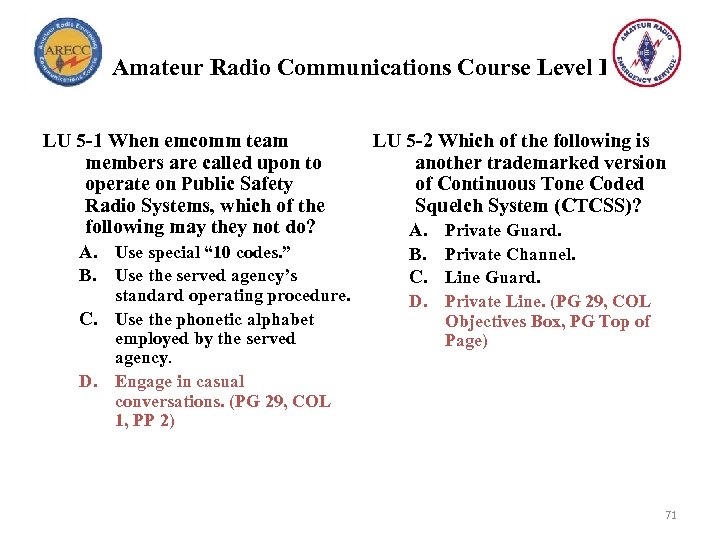 Amateur Radio Communications Course Level I LU 5 -1 When emcomm team members are