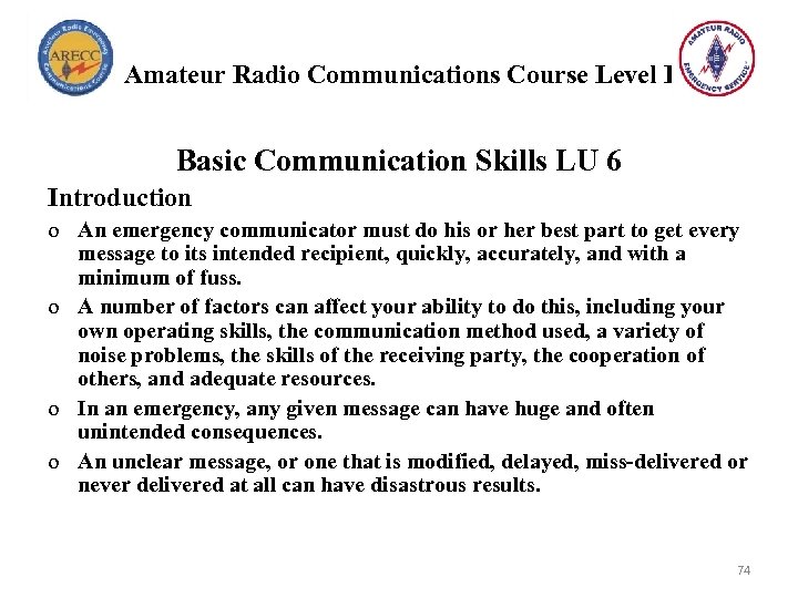 Amateur Radio Communications Course Level I Basic Communication Skills LU 6 Introduction o An