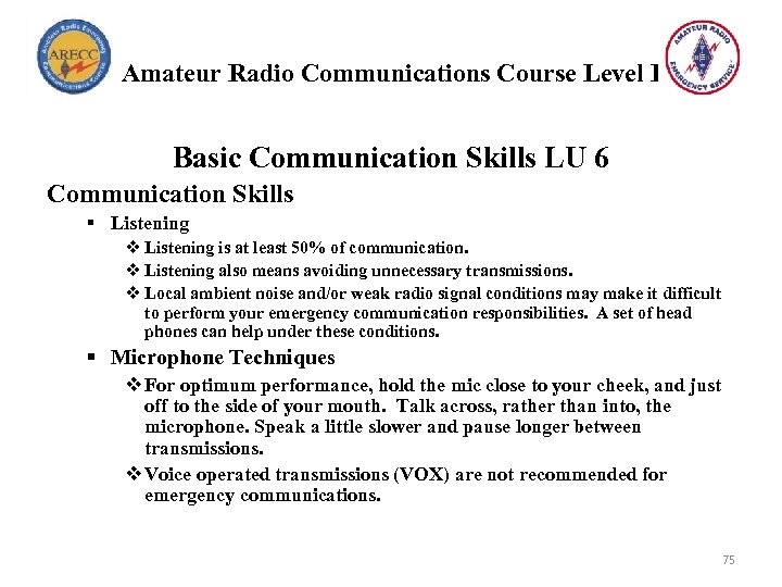 Amateur Radio Communications Course Level I Basic Communication Skills LU 6 Communication Skills §