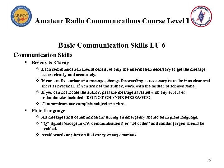 Amateur Radio Communications Course Level I Basic Communication Skills LU 6 Communication Skills §