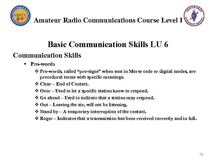 Amateur Radio Communications Course Level I Basic Communication Skills LU 6 Communication Skills §