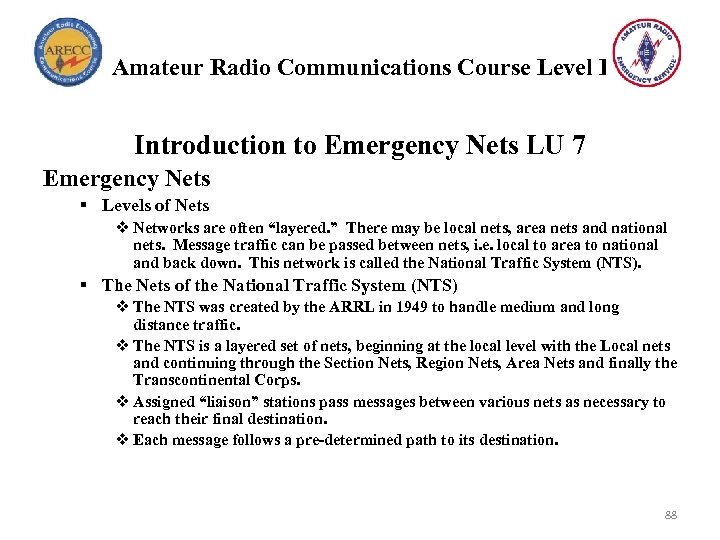 Amateur Radio Communications Course Level I Introduction to Emergency Nets LU 7 Emergency Nets