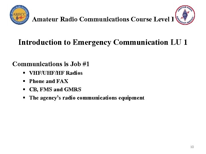 Amateur Radio Communications Course Level I Introduction to Emergency Communication LU 1 Communications is