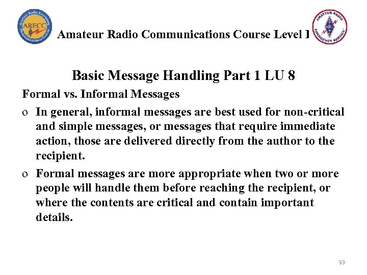 Amateur Radio Communications Course Level I Basic Message Handling Part 1 LU 8 Formal