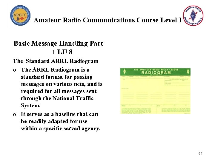 Amateur Radio Communications Course Level I Basic Message Handling Part 1 LU 8 The