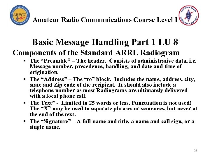 Amateur Radio Communications Course Level I Basic Message Handling Part 1 LU 8 Components