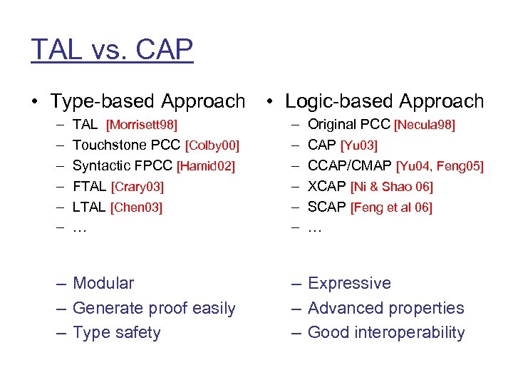 TAL vs. CAP • Type-based Approach • Logic-based Approach – – – TAL [Morrisett