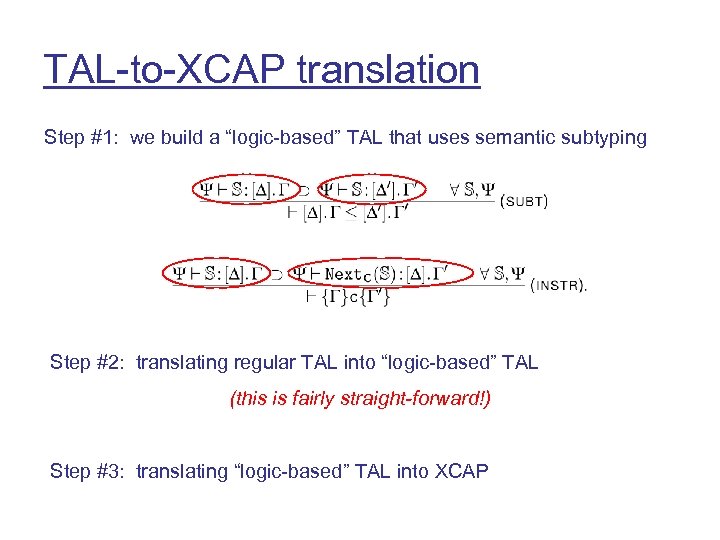 TAL-to-XCAP translation Step #1: we build a “logic-based” TAL that uses semantic subtyping Step