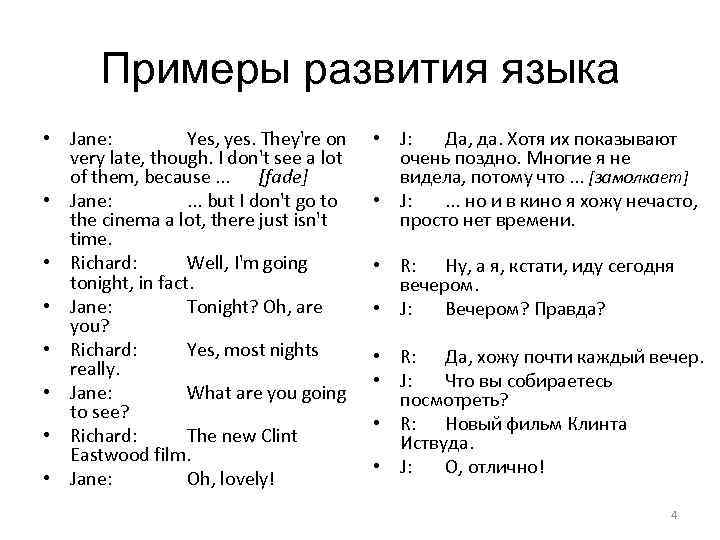 Примеры развития языка • Jane: Yes, yes. They're on very late, though. I don't