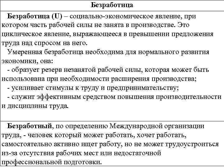 Безработица (U) – социально-экономическое явление, при котором часть рабочей силы не занята в производстве.