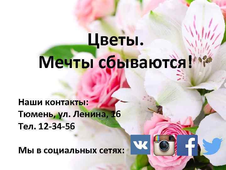 Цветы. Мечты сбываются! Наши контакты: Тюмень, ул. Ленина, 16 Тел. 12 -34 -56 Мы