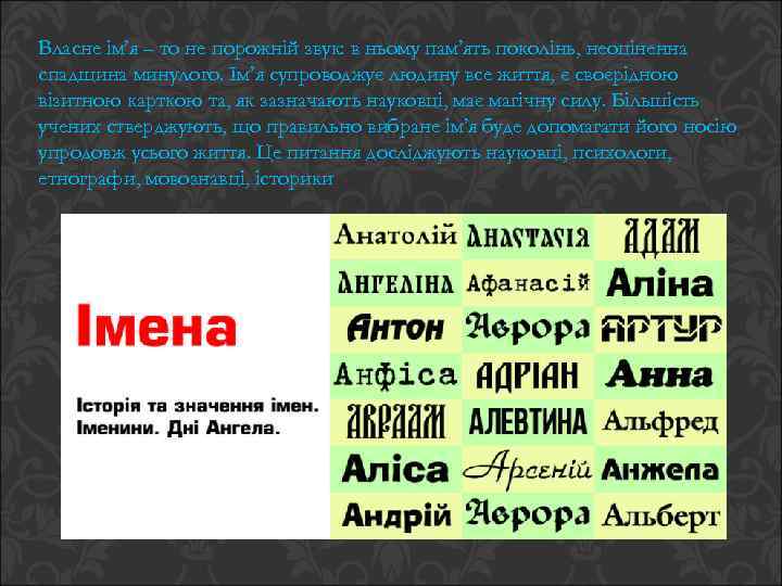 Власне ім’я – то не порожній звук: в ньому пам’ять поколінь, неоціненна спадщина минулого.