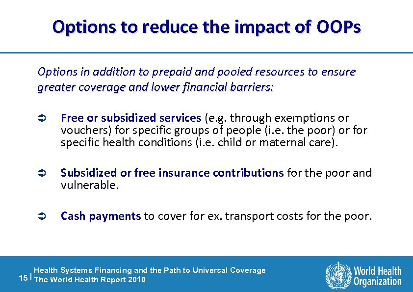 Options to reduce the impact of OOPs Options in addition to prepaid and pooled