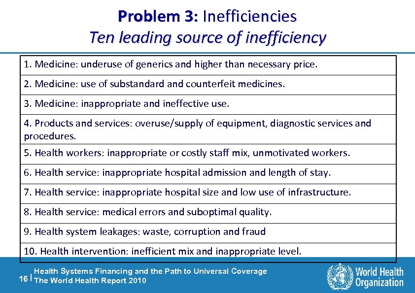 Problem 3: Inefficiencies Ten leading source of inefficiency 1. Medicine: underuse of generics and
