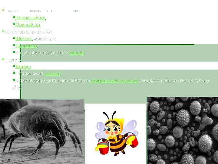 §Укусы насекомых/членистоногих: §Пчелиный яд §Осиный яд §Животные продукты: §Шерсть животных §Тараканы §Выделения домашнего клеща