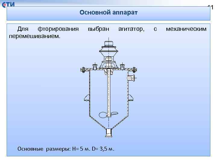 11 Основной аппарат Для фторирования перемешиванием. выбран Основные размеры: H= 5 м. D= 3,