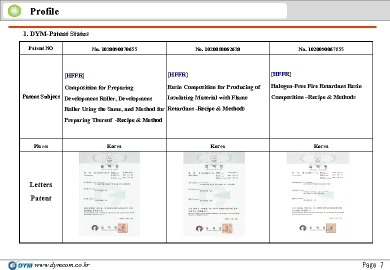 01 Profile 1. DYM-Patent Status Patent NO No. 1020090070655 No. 1020080062620 No. 1020090067855 [HFFR]