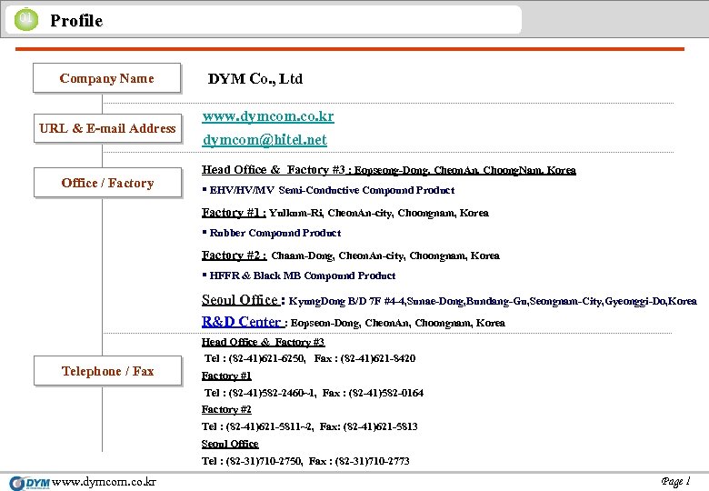 01 Profile Company Name URL & E-mail Address Office / Factory DYM Co. ,