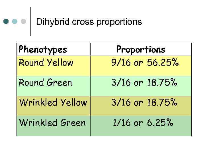 Dihybrid cross proportions Phenotypes Round Yellow Proportions 9/16 or 56. 25% Round Green 3/16