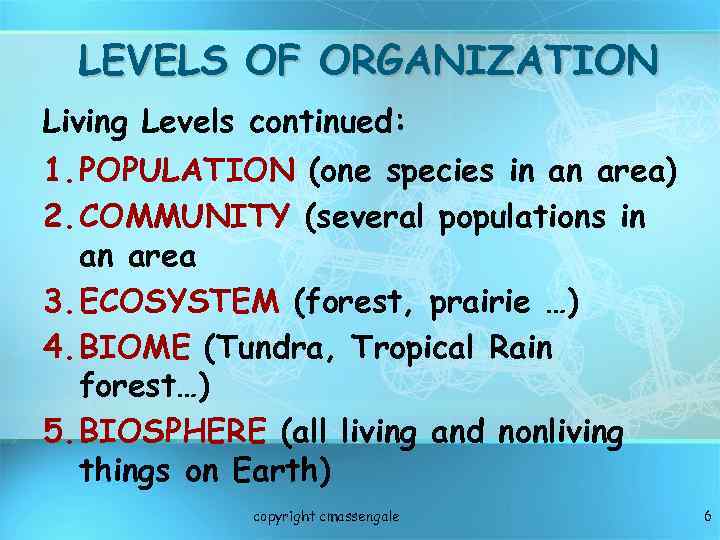 LEVELS OF ORGANIZATION Living Levels continued: 1. POPULATION (one species in an area) 2.