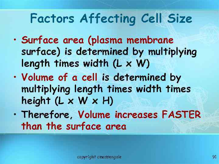 Factors Affecting Cell Size • Surface area (plasma membrane surface) is determined by multiplying