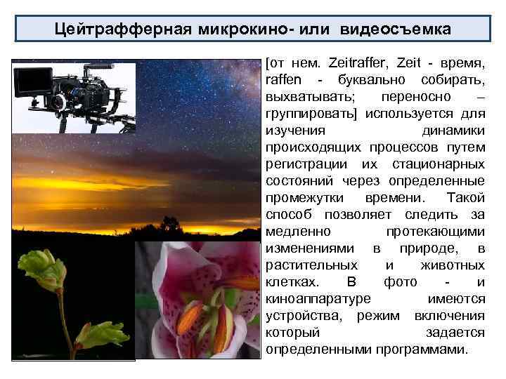 Цейтрафферная микрокино- или видеосъемка [от нем. Zeitraffer, Zeit - время, raffen - буквально собирать,