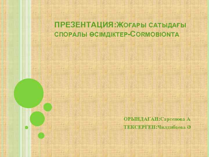 ПРЕЗЕНТАЦИЯ: ЖОҒАРЫ САТЫДАҒЫ СПОРАЛЫ ӨСІМДІКТЕР-CORMOBIONTA ОРЫНДАҒАН: Сарсенова А ТЕКСЕРГЕН: Чилдибаева Ә 