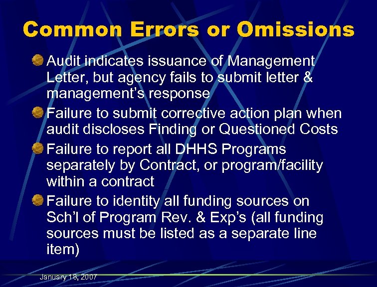 Common Errors or Omissions Audit indicates issuance of Management Letter, but agency fails to