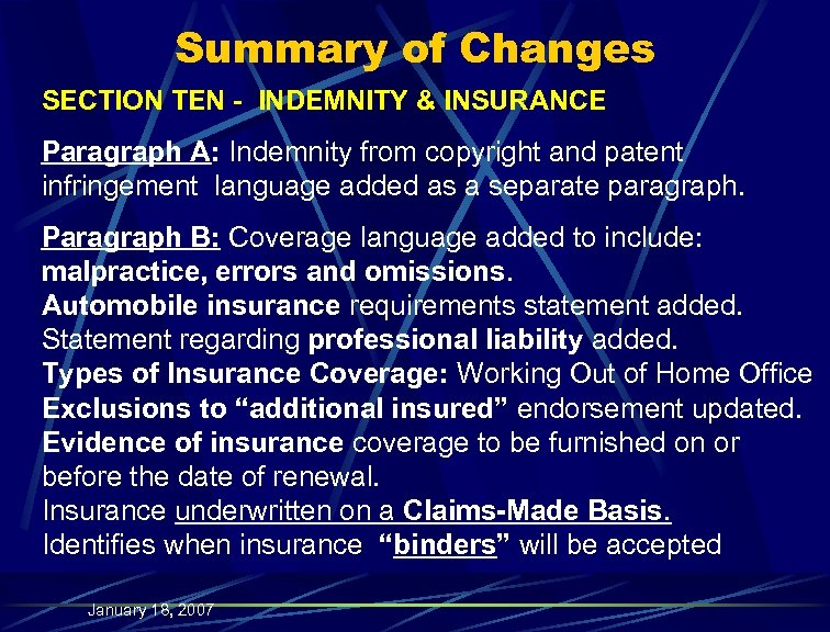 Summary of Changes SECTION TEN - INDEMNITY & INSURANCE Paragraph A: Indemnity from copyright