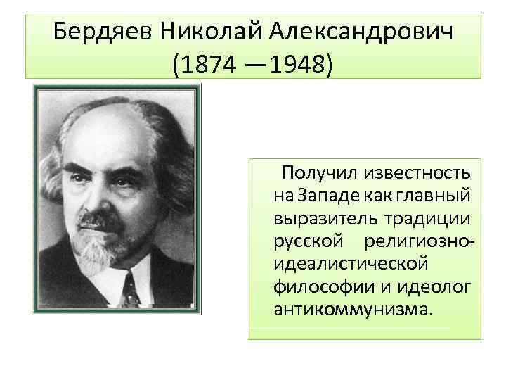 Бердяев Николай Александрович (1874 — 1948) Получил известность на Западе как главный выразитель традиции