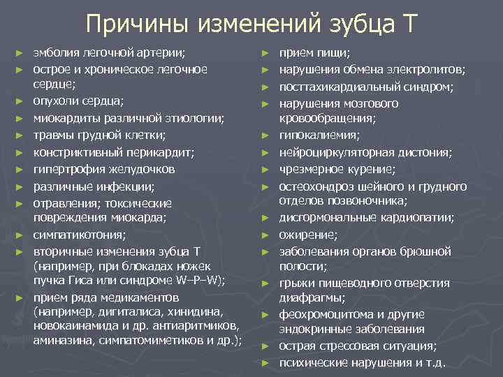 Причины изменений зубца Т ► ► ► эмболия легочной артерии; острое и хроническое легочное