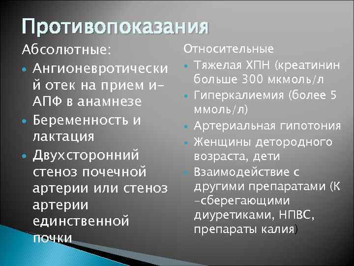 Противопоказания Абсолютные: Ангионевротически й отек на прием и. АПФ в анамнезе Беременность и лактация