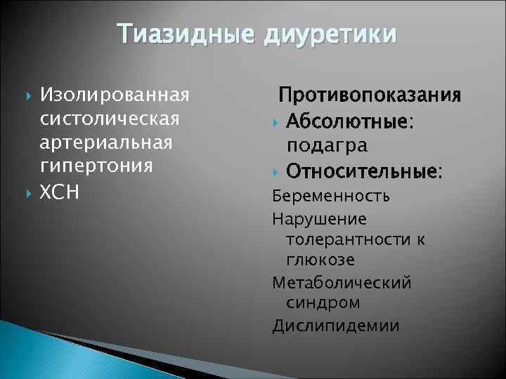 Тиазидные диуретики Изолированная систолическая артериальная гипертония ХСН Противопоказания Абсолютные: подагра Относительные: Беременность Нарушение толерантности