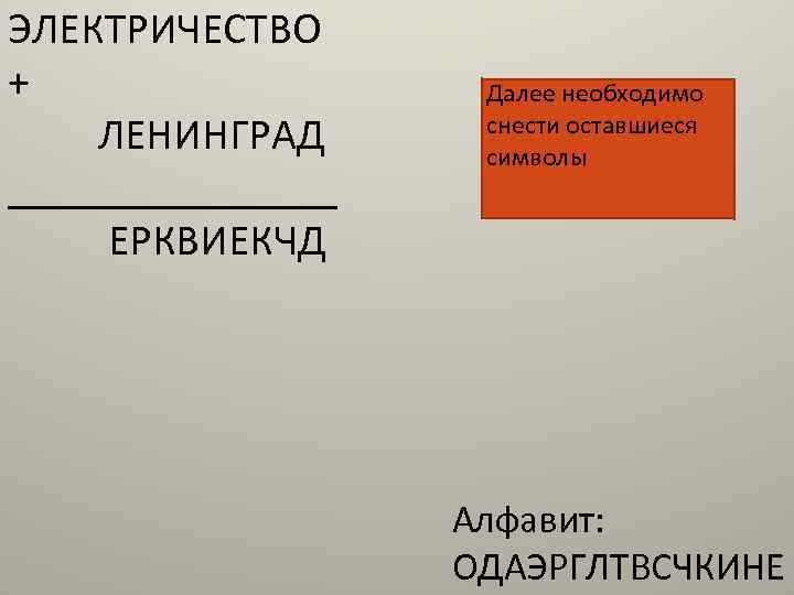 ЭЛЕКТРИЧЕСТВО ЭЛЕК + ЛЕНИНГРАД ________ ЕРКВИЕКЧД Далее необходимо снести оставшиеся символы Алфавит: ОДАЭРГЛТВСЧКИНЕ 