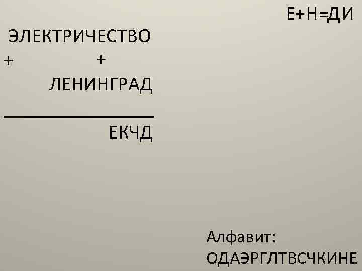 ЭЛЕКТРИЧЕСТВО + + ЛЕНИНГРАД ________ ЕКЧД Е+ Н=ДИ Алфавит: ОДАЭРГЛТВСЧКИНЕ 