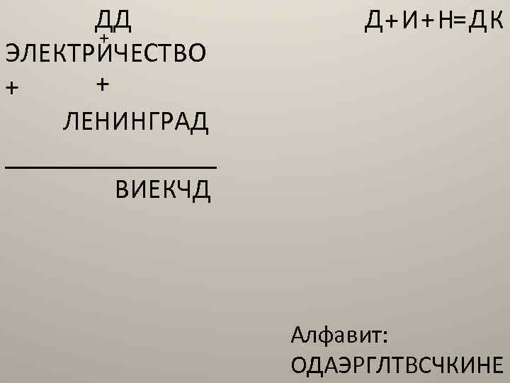 ДД + ЭЛЕКТРИЧЕСТВО + + ЛЕНИНГРАД ________ ВИЕКЧД Д + И+Н= ДК Алфавит: ОДАЭРГЛТВСЧКИНЕ