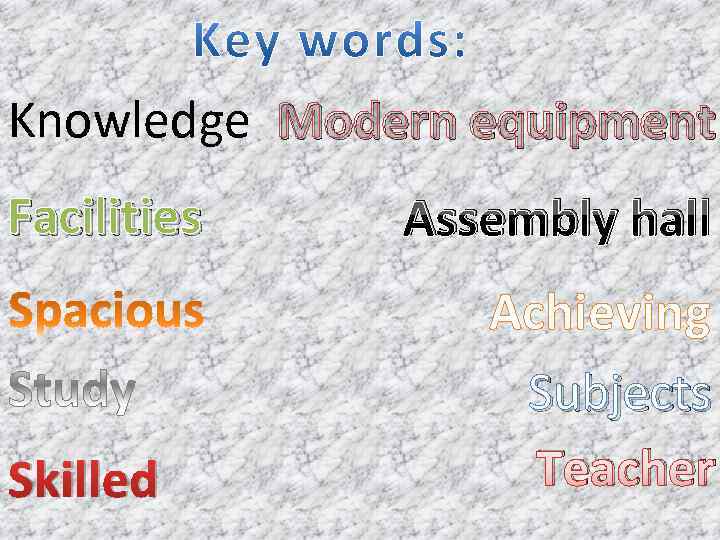 Knowledge Modern equipment Facilities Skilled Assembly hall Achieving Subjects Teacher 