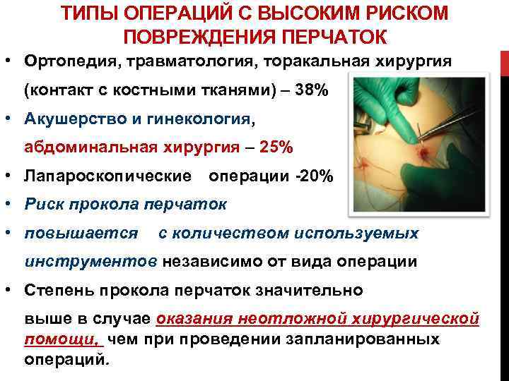 ТИПЫ ОПЕРАЦИЙ С ВЫСОКИМ РИСКОМ ПОВРЕЖДЕНИЯ ПЕРЧАТОК • Ортопедия, травматология, торакальная хирургия (контакт с
