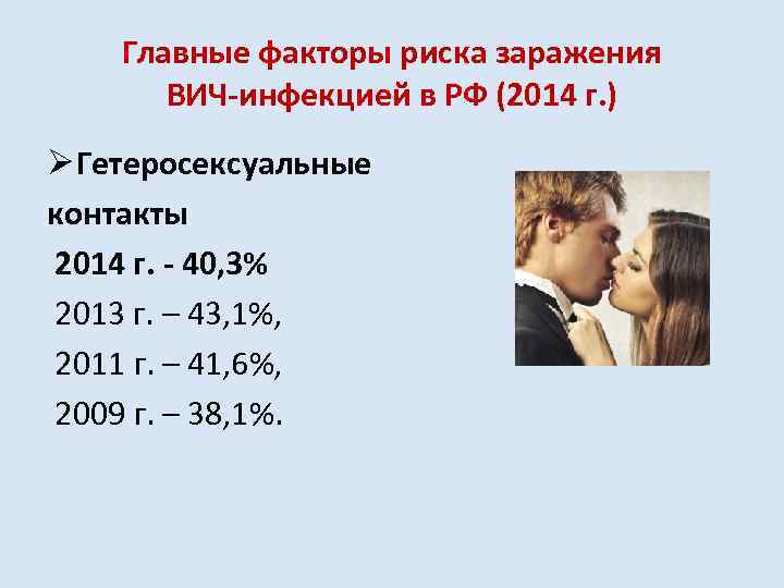 Главные факторы риска заражения ВИЧ-инфекцией в РФ (2014 г. ) Ø Гетеросексуальные контакты 2014